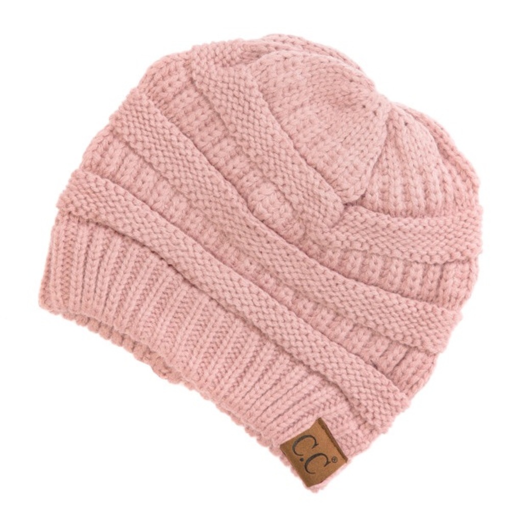 Solid Ribbed Knitted Beanie Hat Pink
